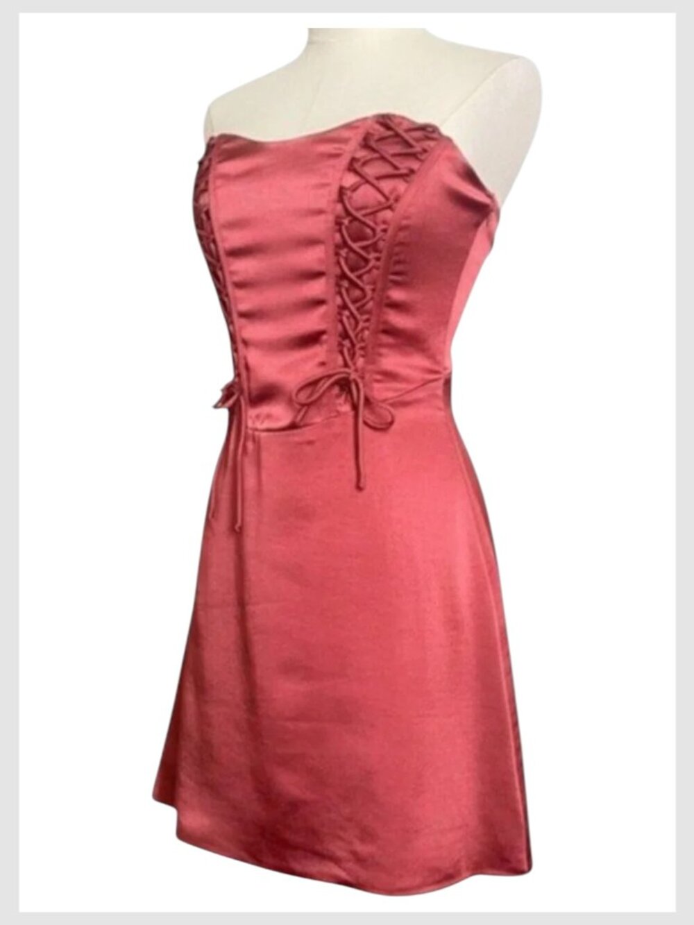 Lulu’s Strapless Satin Lace-Up Mini Dress Rusty Rose Size S - Picture 4 of 9